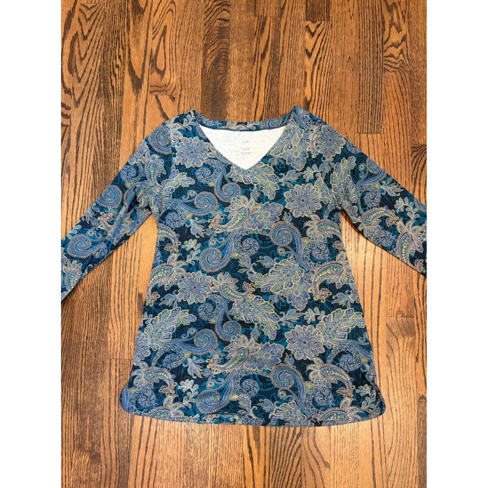 J. Jill V-Neck Tee Small Blue Paisley Pima Cotton 3/4 Sleeve Boho Grandmacore